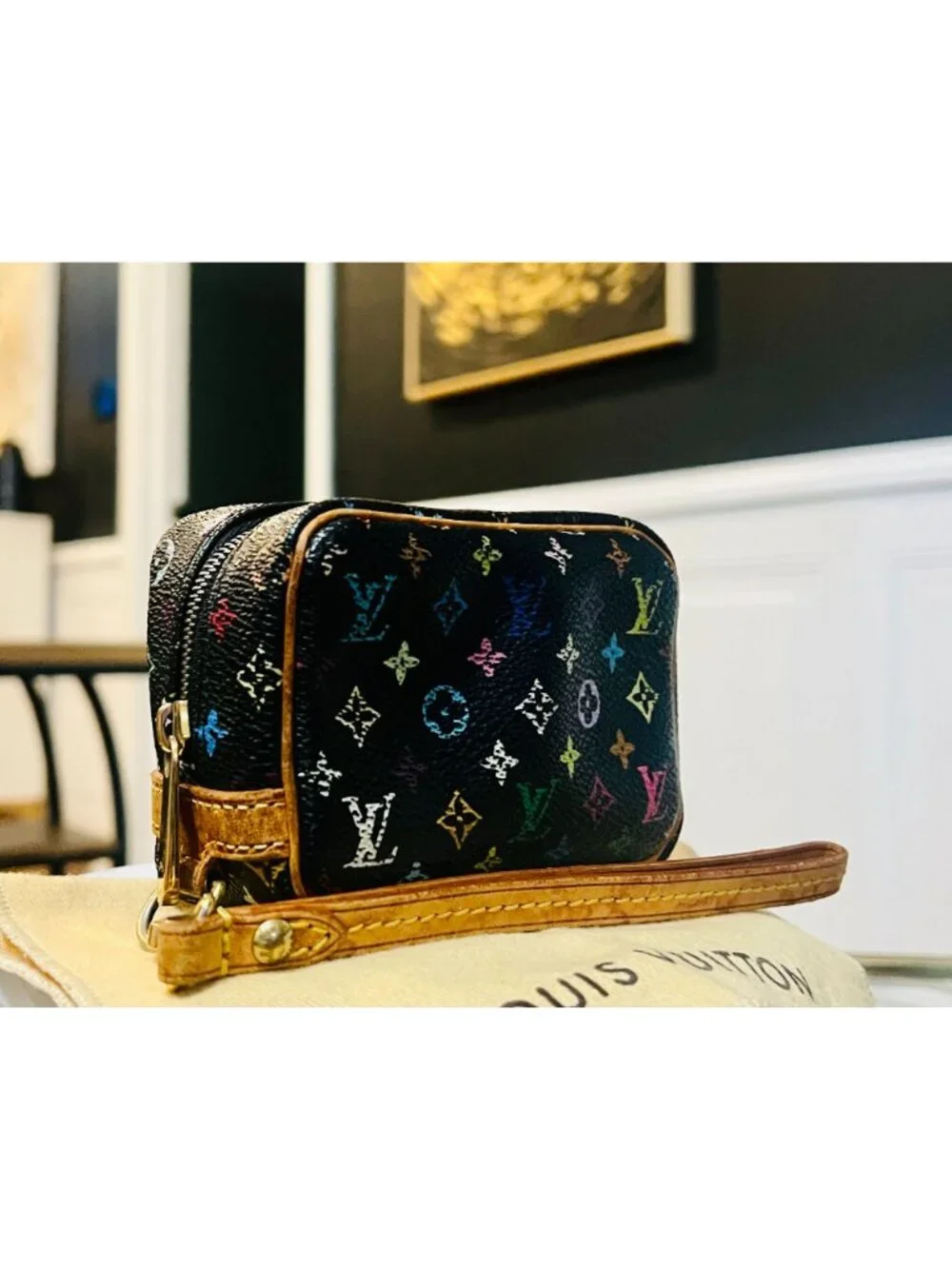 AUTHENTICATED! Louis Vuitton Takashi Murakami Black Multicolor Wapity Case Pouch